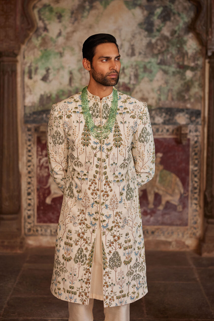 Shahoor Hand-painted Pichhwai Sherwani - Off White, Off White, image 5